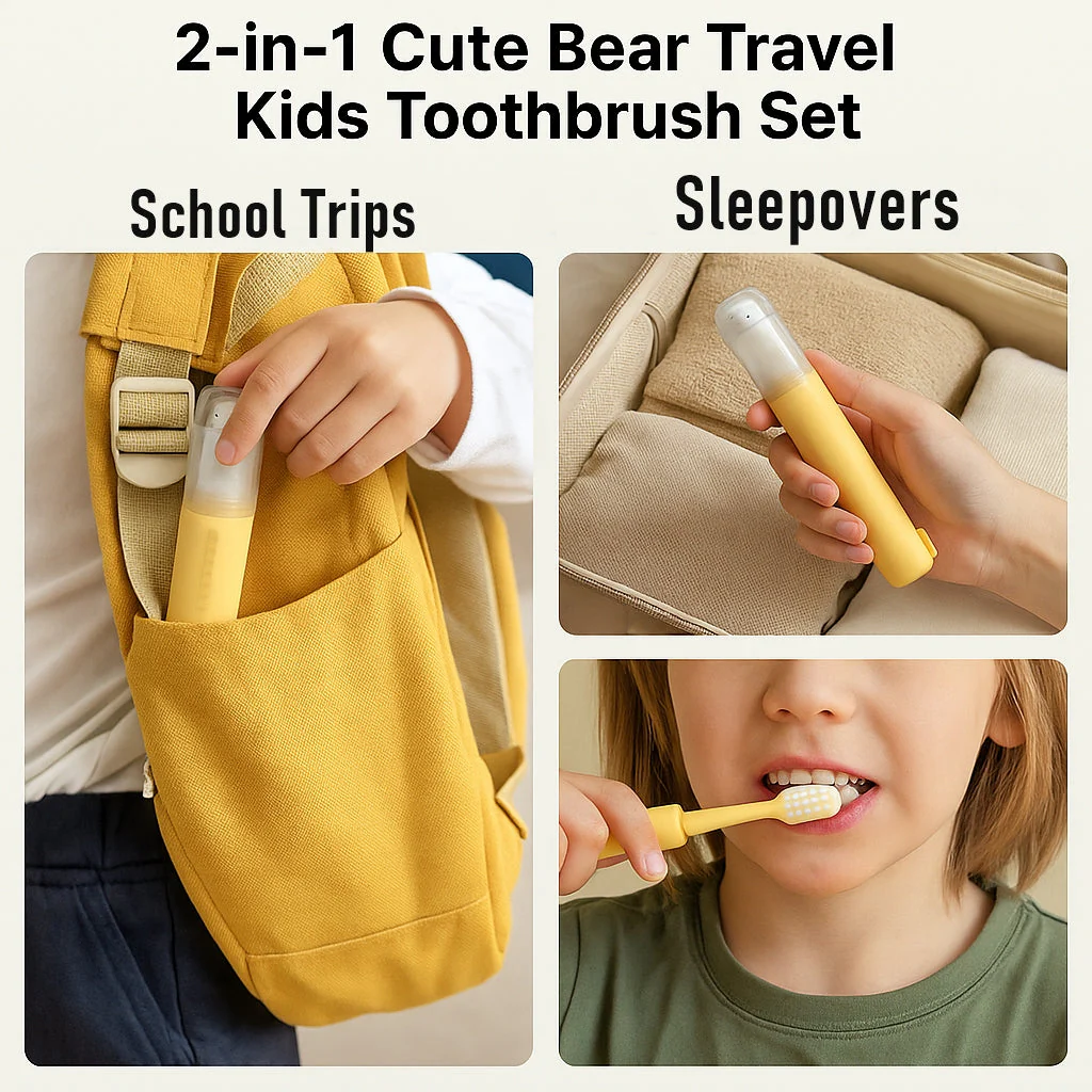 2in1 Cute Bear Travel Kids Toothbrush Set - Image 4