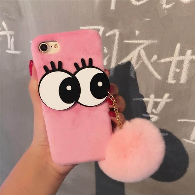 3D NBling Big Eyes With Real Soft Fur Ball Iphone Cases - Image 2