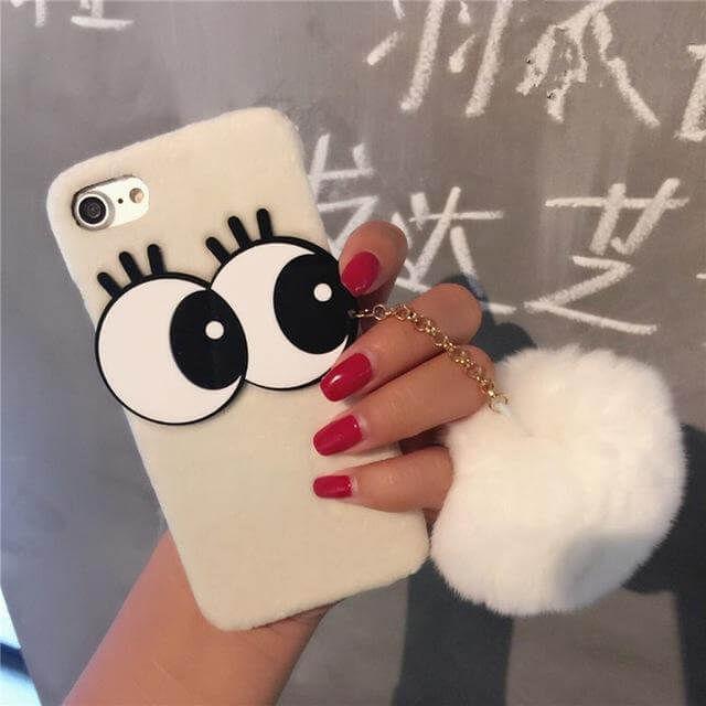 3D NBling Big Eyes With Real Soft Fur Ball Iphone Cases - Image 3