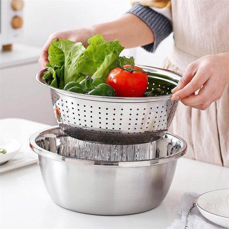 3in1 Stainless Steel Vegetable Slicer with Drain Basket - Image 2