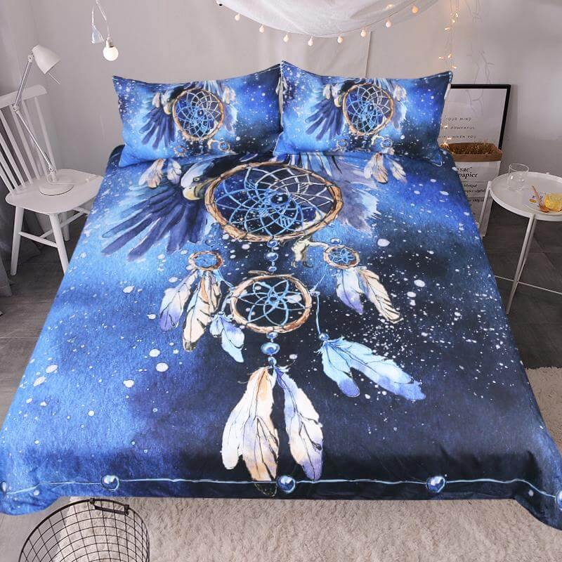 3PCS Dreamcatcher Feather Blue Printed Duvet Cover Bedding Set - Image 2