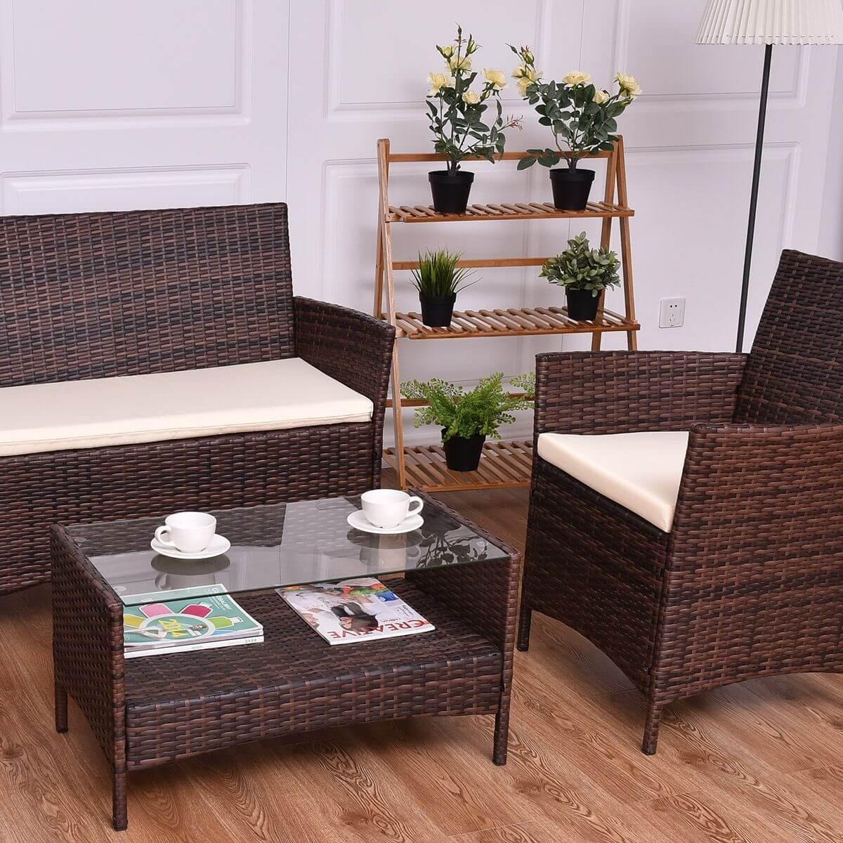 4PCS Outdoor Patio PE Rattan Wicker Coffee Table Shelf Modern Garden Sofa Furniture Set With Cushion - Image 2