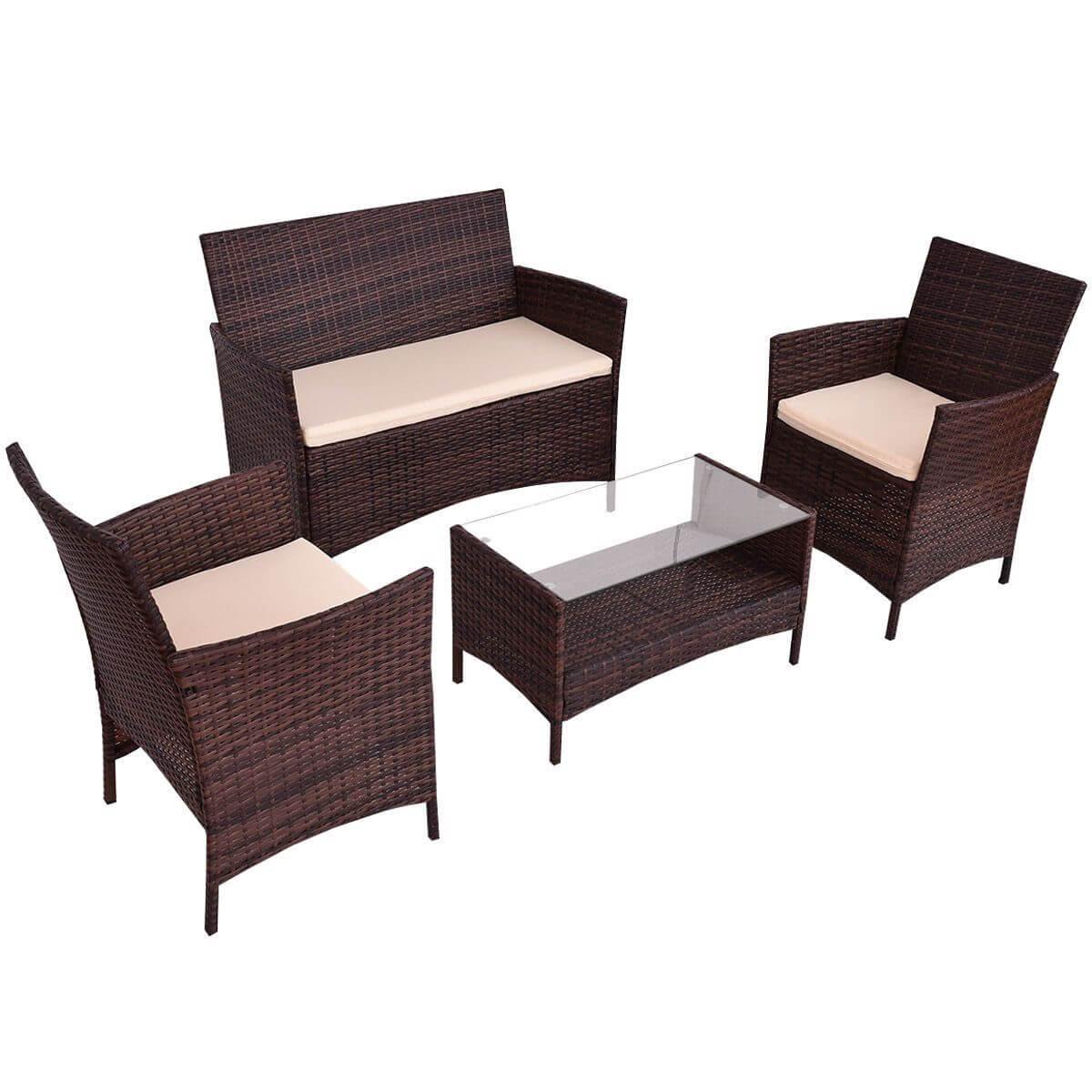 4PCS Outdoor Patio PE Rattan Wicker Coffee Table Shelf Modern Garden Sofa Furniture Set With Cushion - Image 6