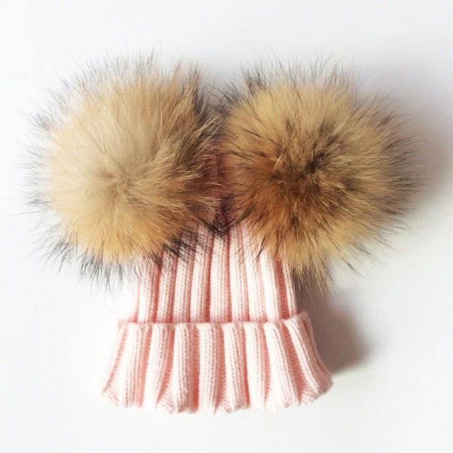Baby Girl Hat Raccon Fur Two Ball Caps For Baby - Image 12