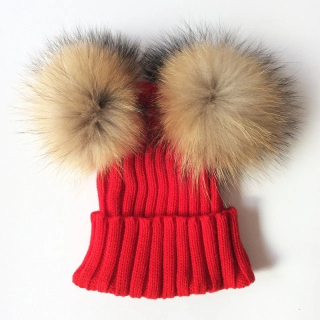 Baby Girl Hat Raccon Fur Two Ball Caps For Baby - Image 13
