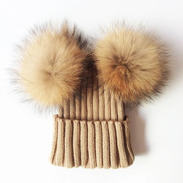 Baby Girl Hat Raccon Fur Two Ball Caps For Baby - Image 14