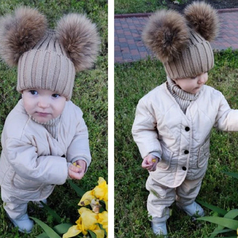 Baby Girl Hat Raccon Fur Two Ball Caps For Baby - Image 3