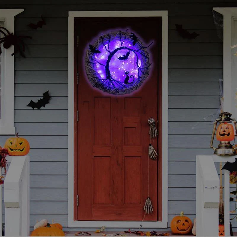Black Bat Cat Halloween Door Wreath Led Light - Image 2