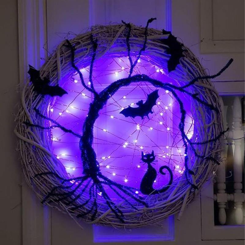 Black Bat Cat Halloween Door Wreath Led Light - Image 3