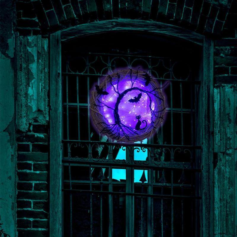 Black Bat Cat Halloween Door Wreath Led Light - Image 4