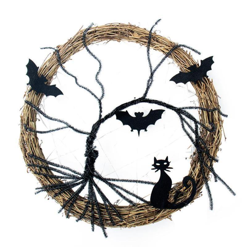 Black Bat Cat Halloween Door Wreath Led Light - Image 5