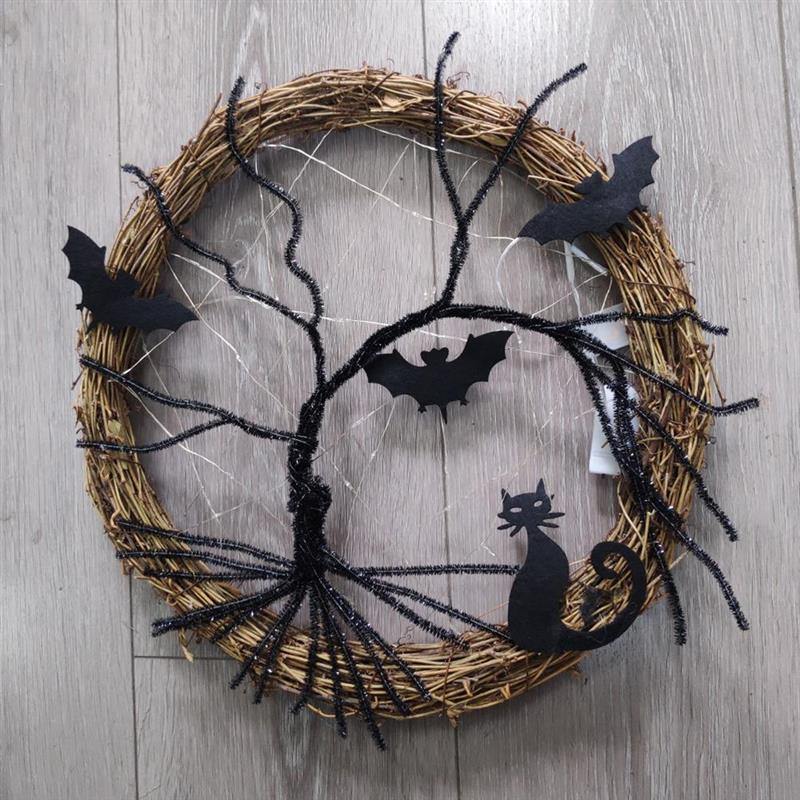 Black Bat Cat Halloween Door Wreath Led Light - Image 6