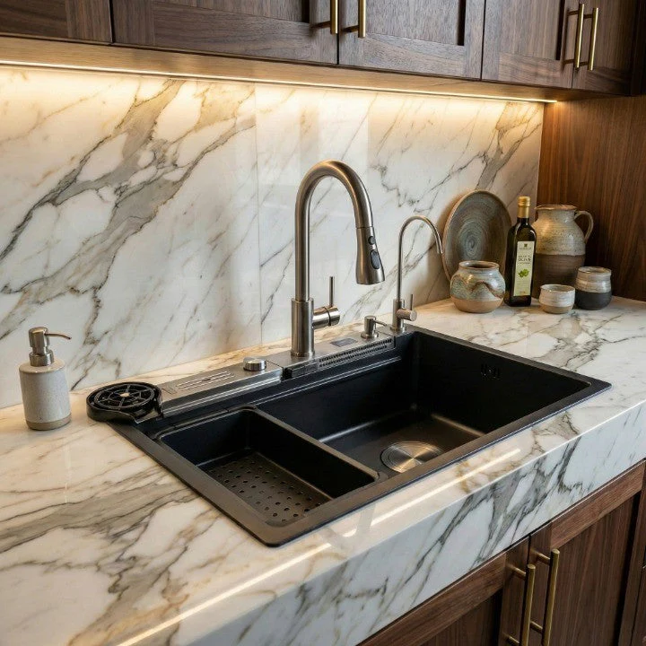 Black Sculpted Arc Workstation Modern Kitchen Sink - Image 2