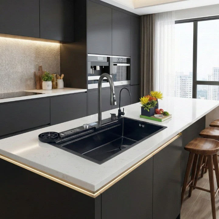 Black Sculpted Arc Workstation Modern Kitchen Sink - Image 3