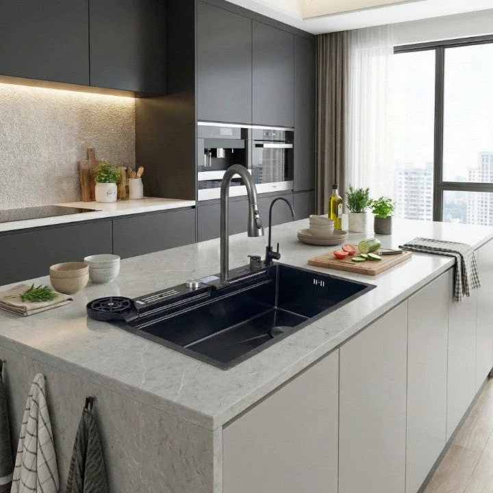 Black Sculpted Arc Workstation Modern Kitchen Sink - Image 5