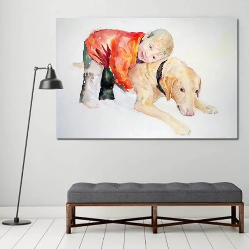Boy and Dog Beautiful Wall Art Canvas Painting - Image 2