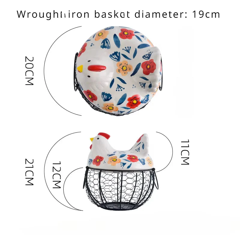 Ceramic Egg Holder Chicken with Wire Basket - Image 10