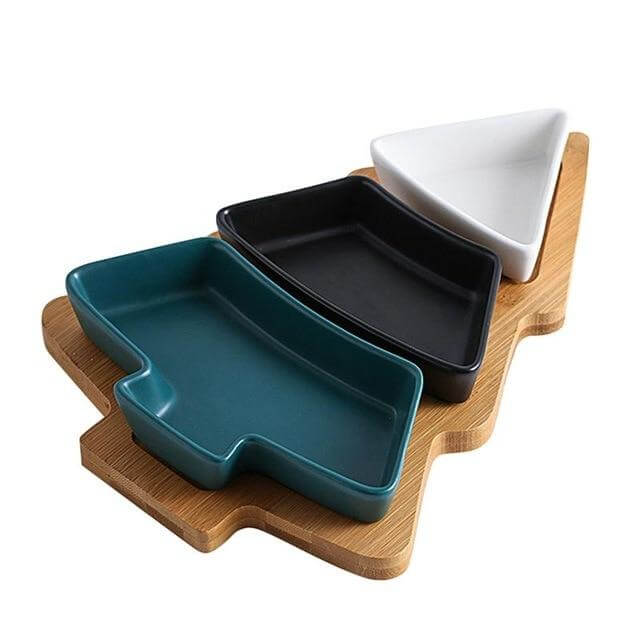 Christmas Tree Ceramic Plates With Bamboo Base Stand - Image 3