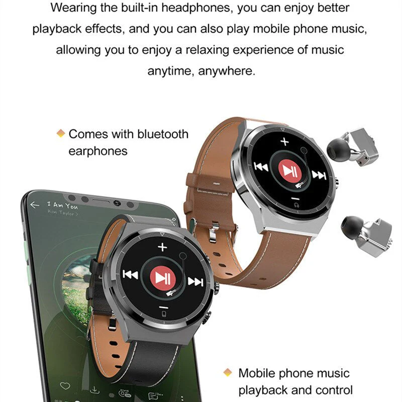 Classical Style Leather Built-in Bluetooth Headphones Smart Watch - Image 3