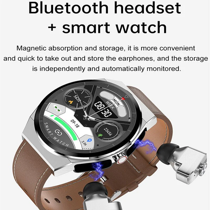 Classical Style Leather Built-in Bluetooth Headphones Smart Watch - Image 5
