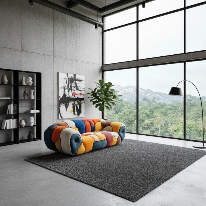 Colorful Mosaic Patchwork Curved Velvet Lounge Sofa - Image 6