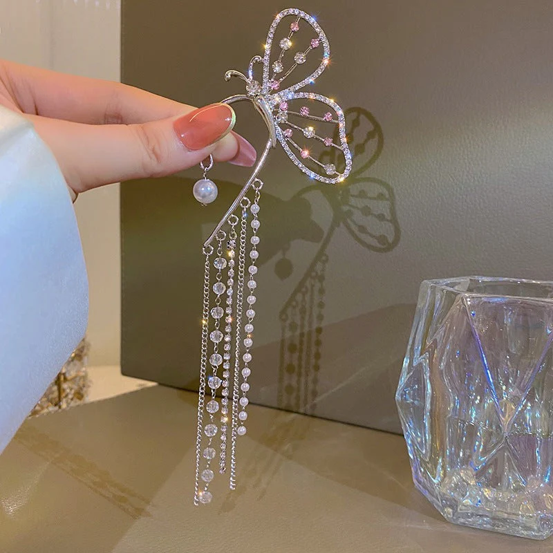 Crystal Butterfly Charm Long Tassels Earrings - Image 3