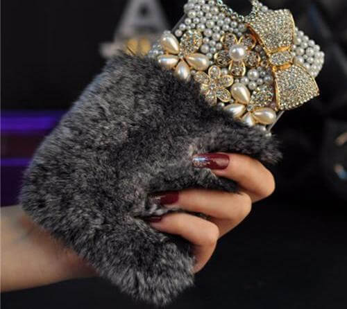 Crystal Diamond Bowknot Pearl Flower Rabbit Fur Iphone Case - Image 2