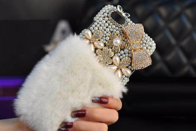 Crystal Diamond Bowknot Pearl Flower Rabbit Fur Iphone Case - Image 3