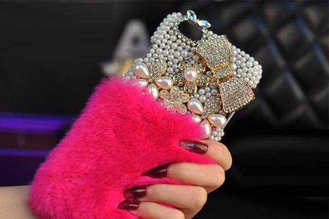 Crystal Diamond Bowknot Pearl Flower Rabbit Fur Iphone Case - Image 5