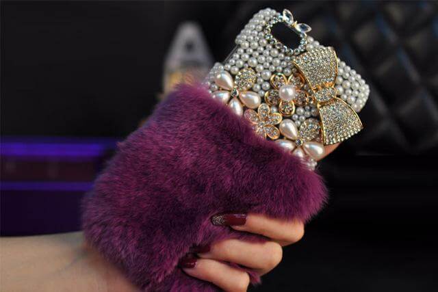 Crystal Diamond Bowknot Pearl Flower Rabbit Fur Iphone Case - Image 6