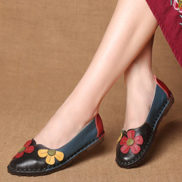 Flower Design Round Toe Mixed Color Flat Shoes - Image 8