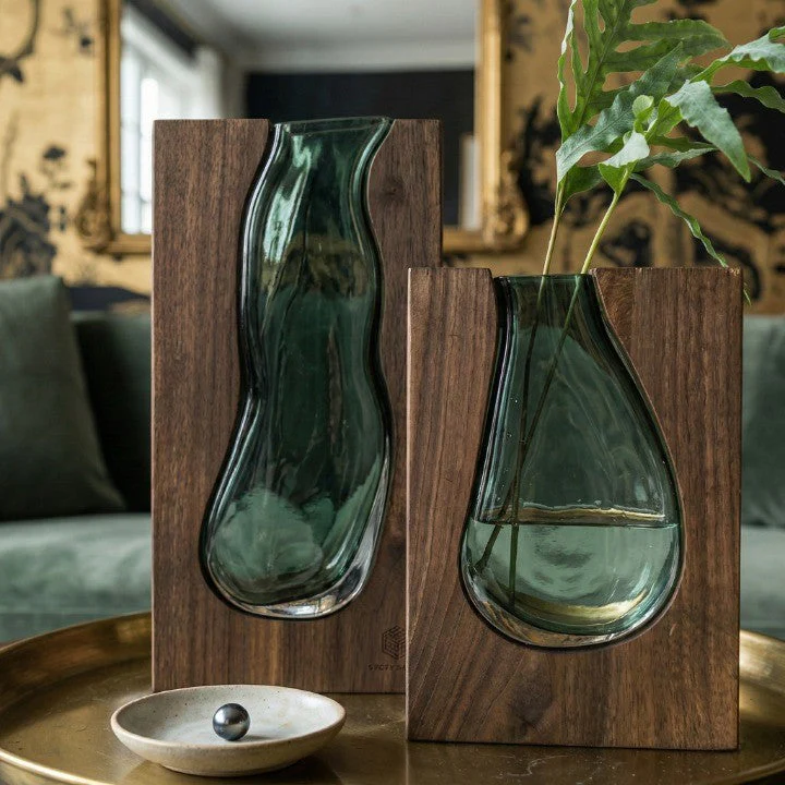 Geometric Wooden Glass Accent Flower Vase - Image 3