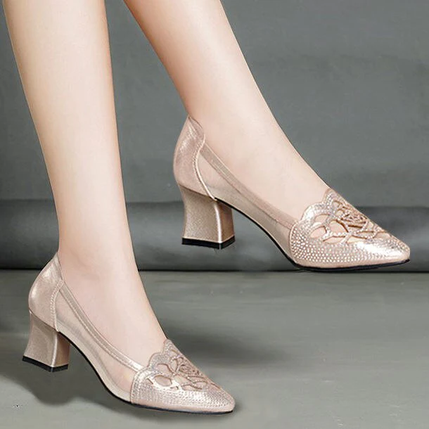 Golden Flower Breathable Mesh High Heels - Image 2