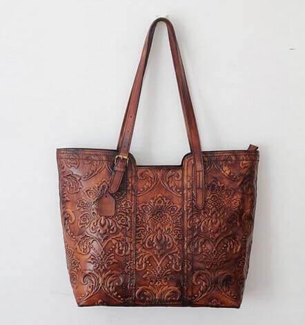 Handmade Vintage Genuine Leather Flower Pattern Women Bag - Image 3