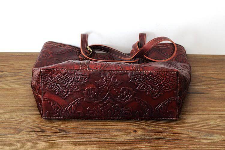 Handmade Vintage Genuine Leather Flower Pattern Women Bag - Image 4