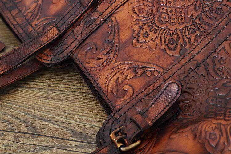 Handmade Vintage Genuine Leather Flower Pattern Women Bag - Image 6