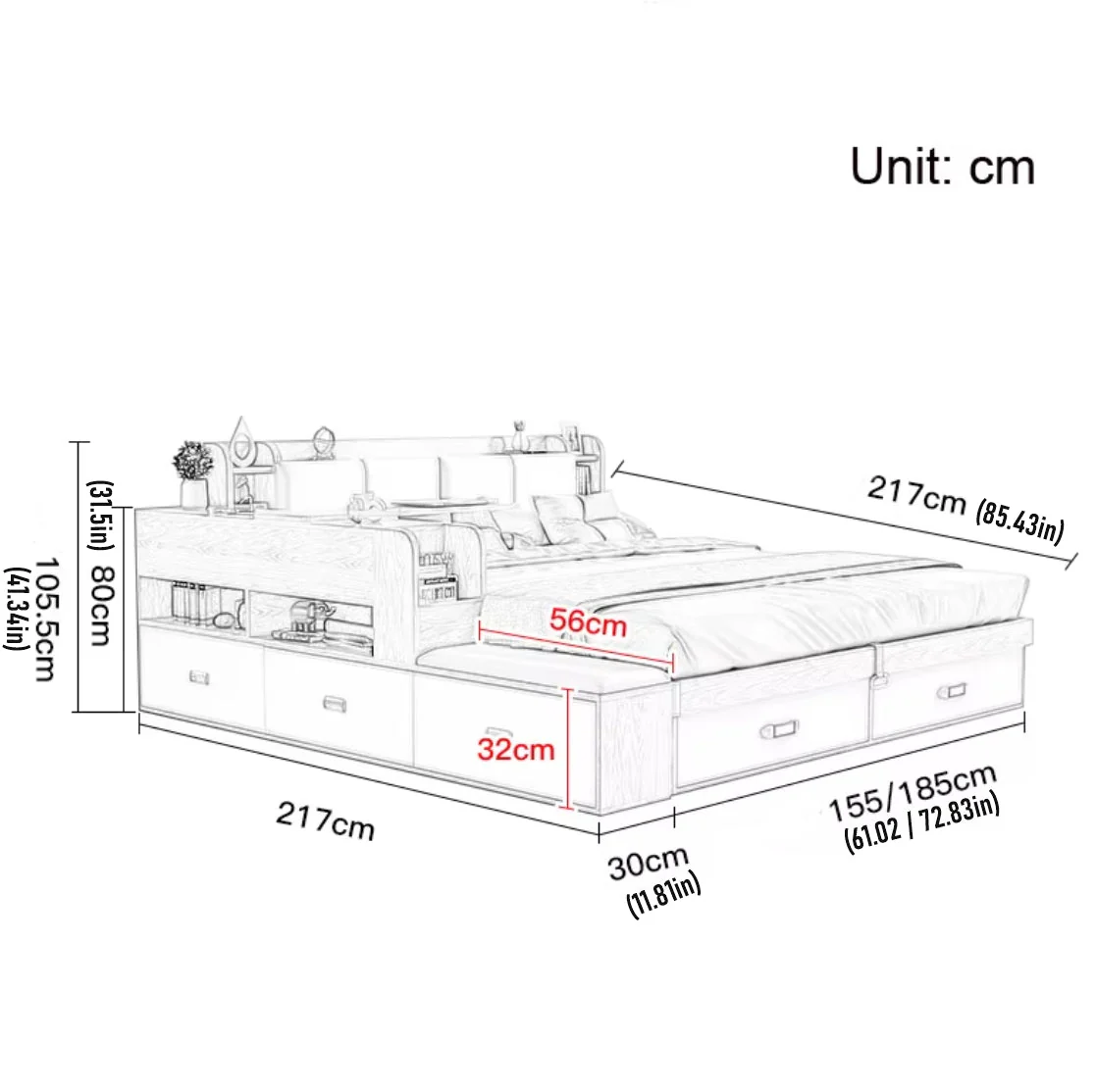 Hidden Compartment Lift-Up Storage Bookshelf Platform Bed - Image 9