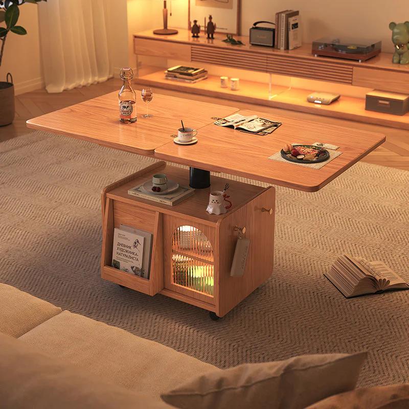 Japandi Natural Wood Liftable Wheeled Accent Table - Image 2