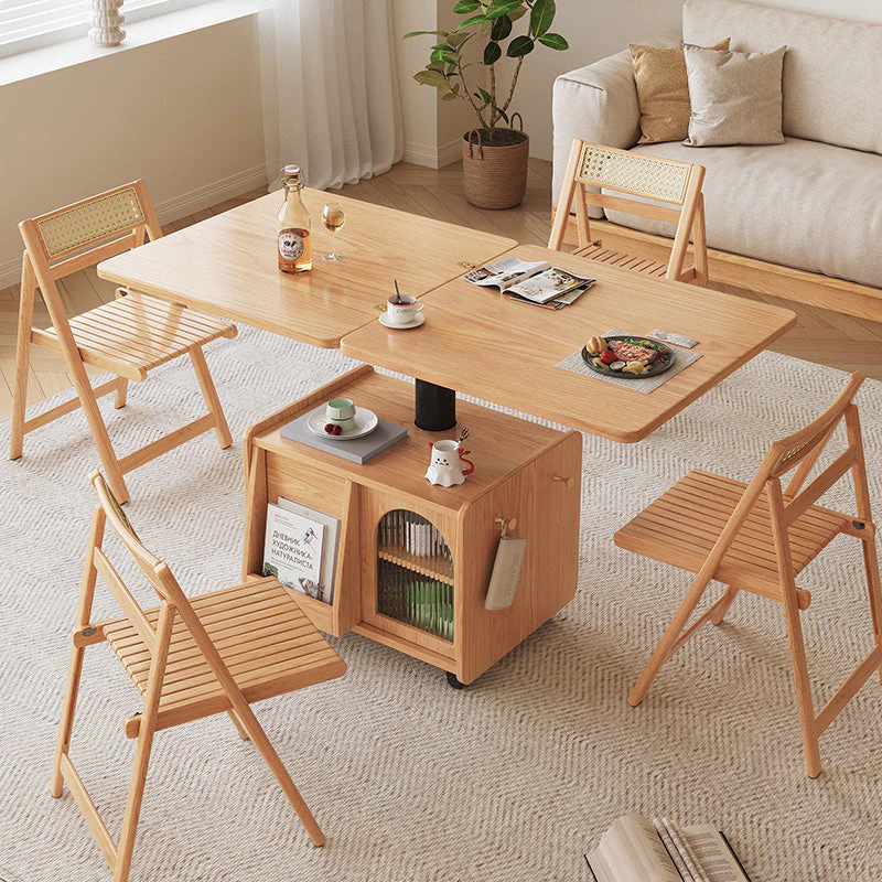 Japandi Natural Wood Liftable Wheeled Accent Table - Image 5