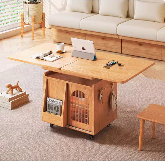 Japandi Natural Wood Liftable Wheeled Accent Table - Image 6