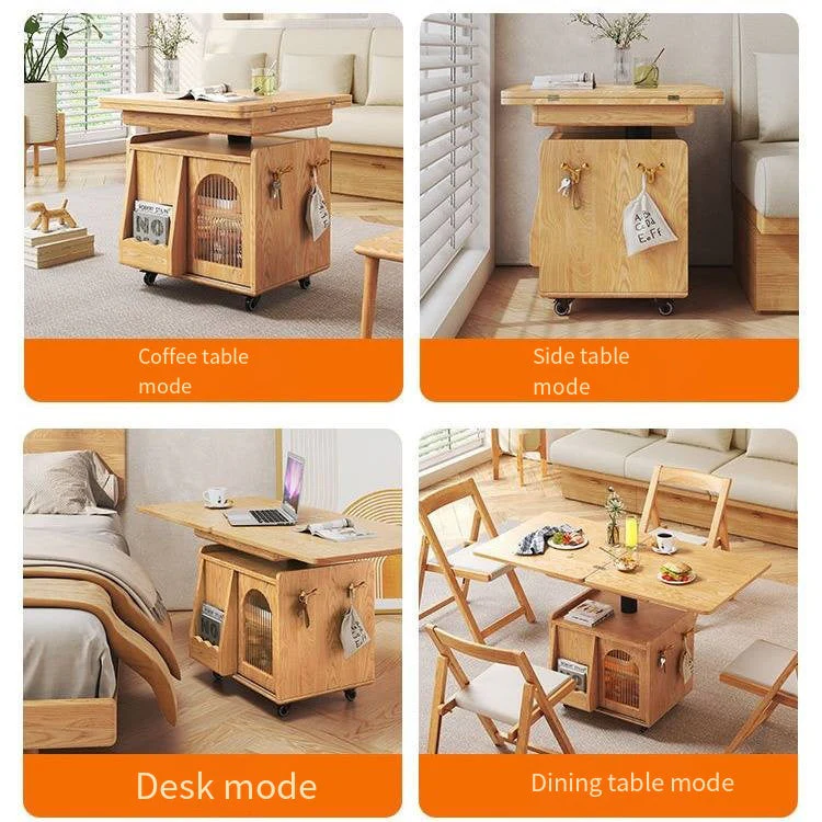 Japandi Natural Wood Liftable Wheeled Accent Table - Image 7