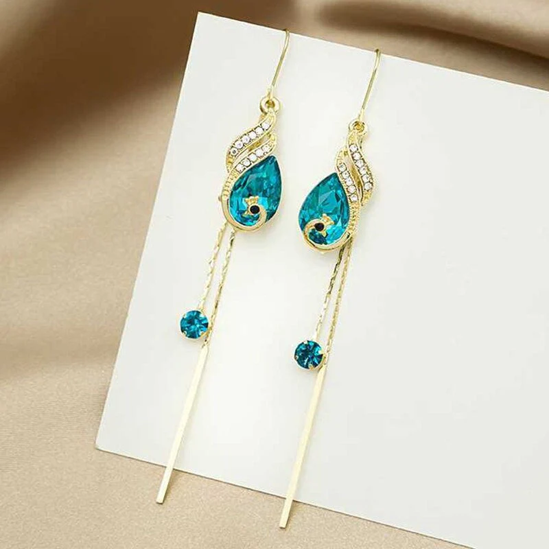 Korean Style Blue Crystal Phoenix Earrings - Image 3