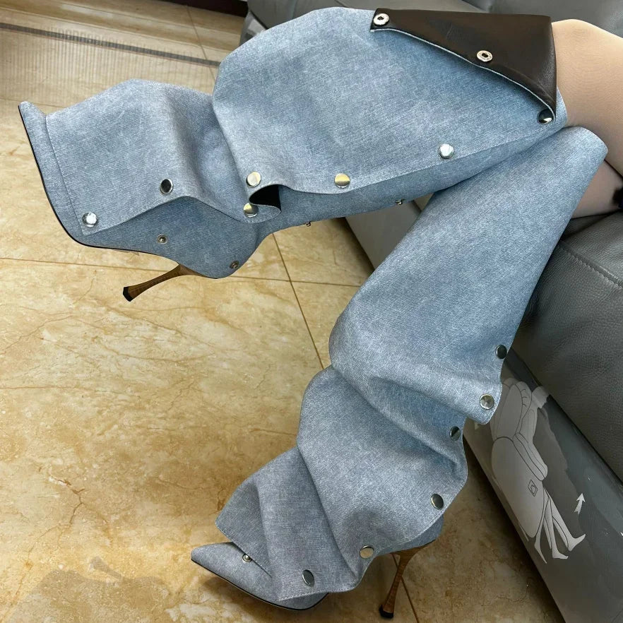 Long Denim Jean Women High Heel Boots - Image 7