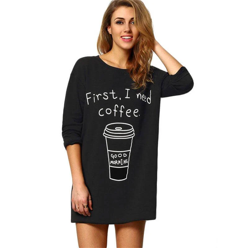 Long Sleeve Coffee Print Long T-shirt - Image 3