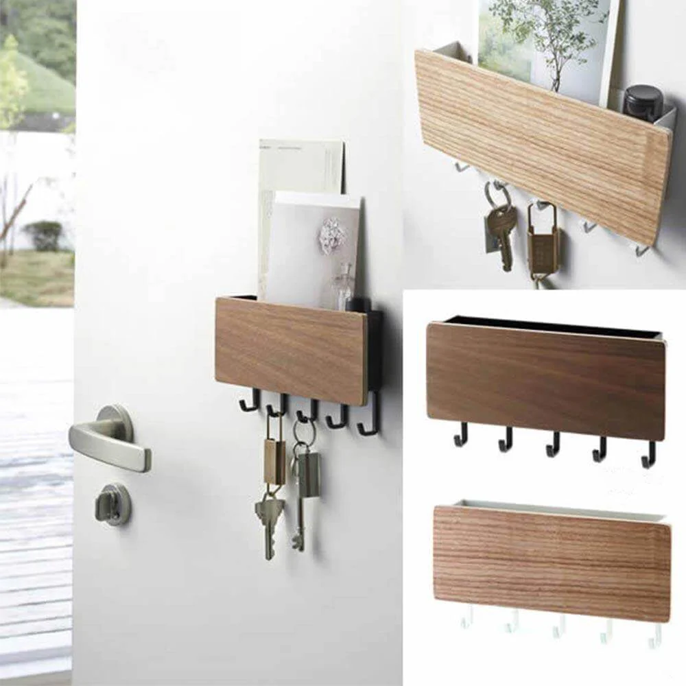 Modern Wood Wall Organizer with Hooks - Image 2