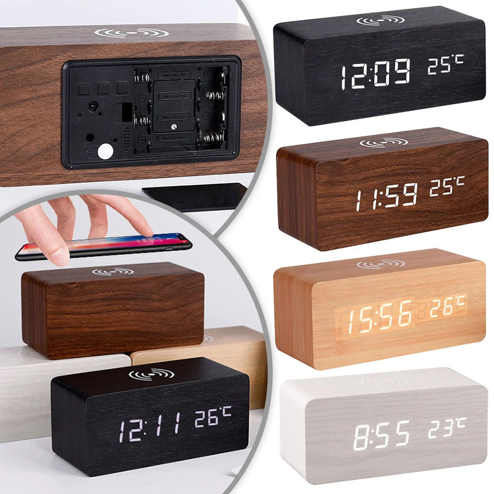Modern Wooden Wireless Charging Alarm Clock - Image 2