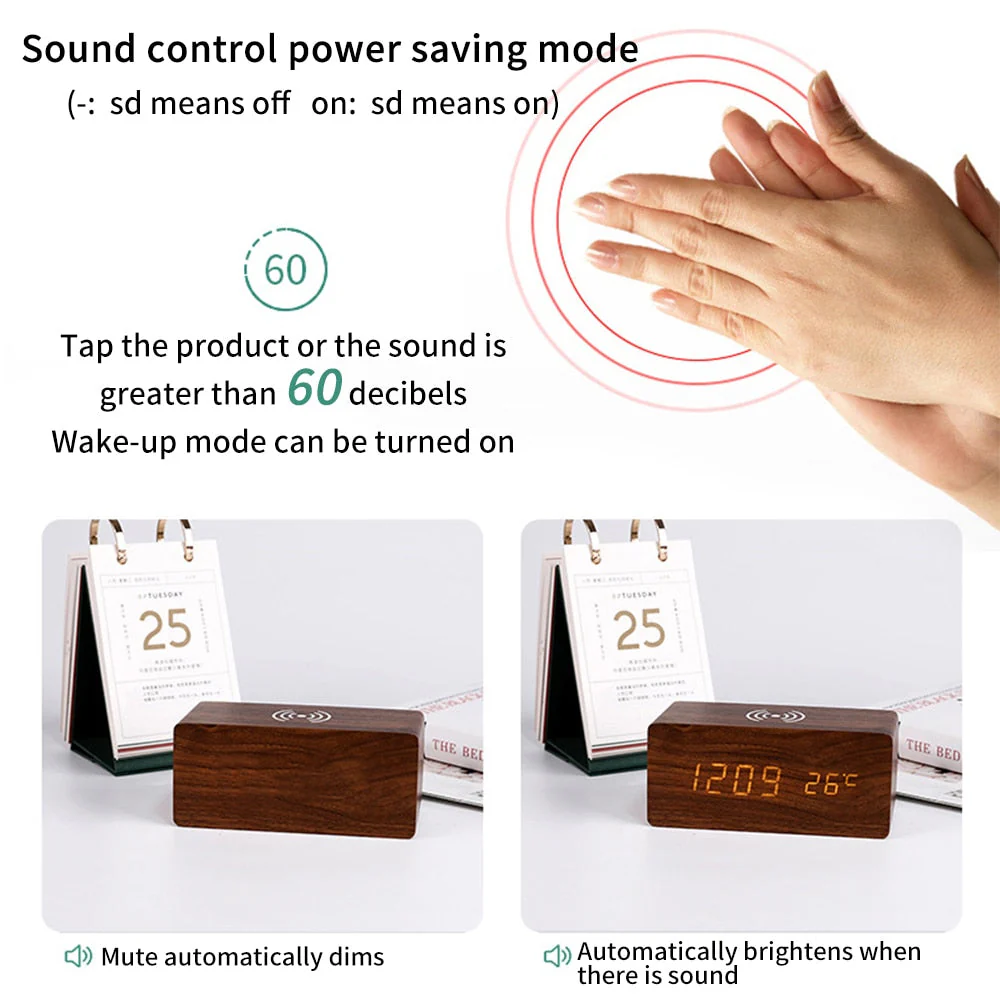Modern Wooden Wireless Charging Alarm Clock - Image 3
