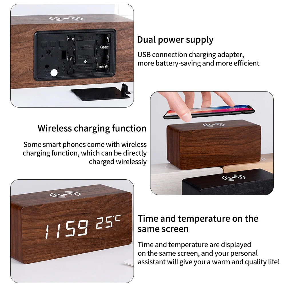 Modern Wooden Wireless Charging Alarm Clock - Image 4