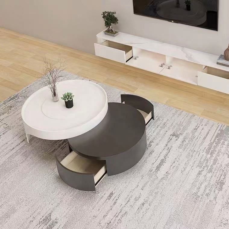 Modernist Dual-Tier Retractable Circular Lounge Coffee Table - Image 3