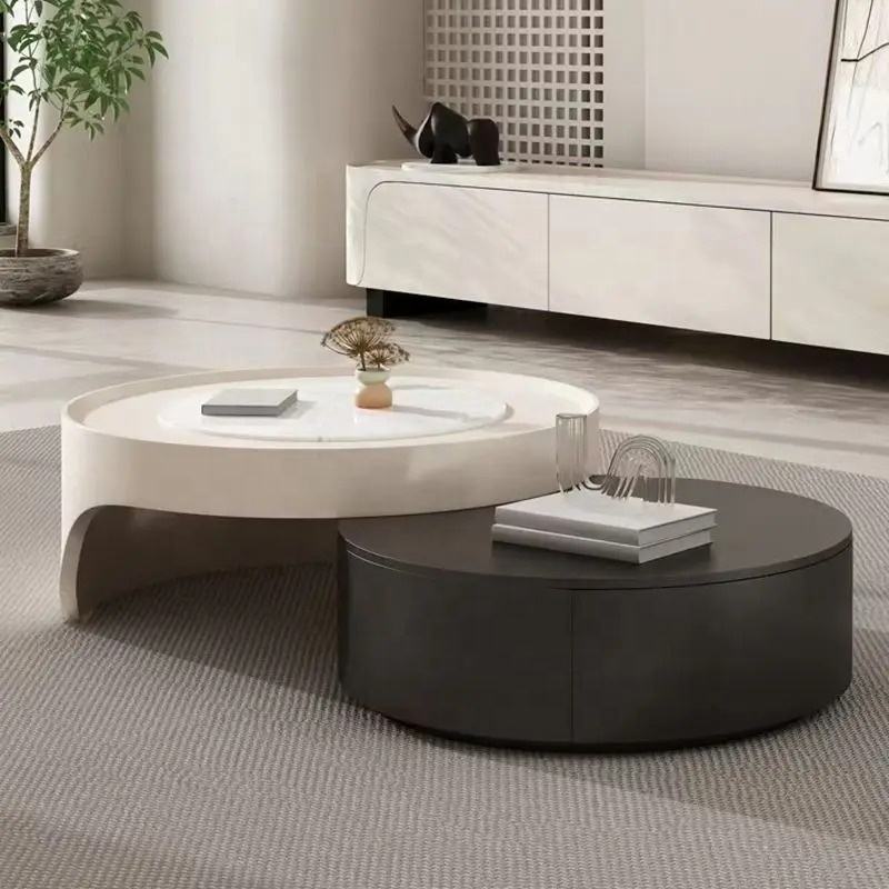 Modernist Dual-Tier Retractable Circular Lounge Coffee Table - Image 5